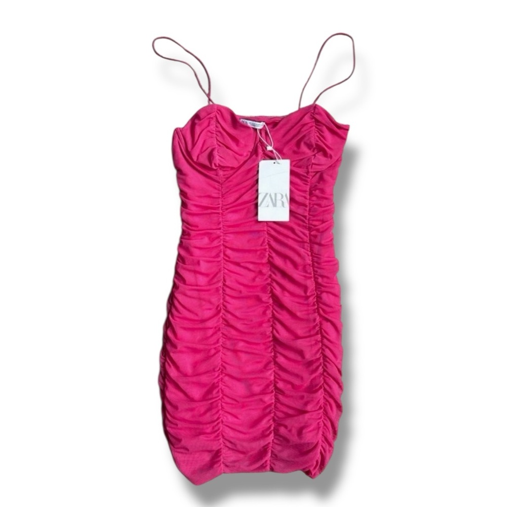 NWT Zara Pink Ruched Mesh Underwire Sweetheart Neck Bodycon Mini Dress Medium